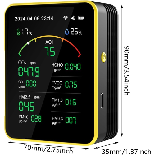 15 in 1 Air Quality Tester - Detect CO, CO2, PM, Formaldehyde, Temperature and Humidity, etc., 2.8" TFT Color Display, App Control, Wi-Fi, Alarm