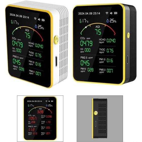 15 in 1 Air Quality Tester - Detect CO, CO2, PM, Formaldehyde, Temperature and Humidity, etc., 2.8" TFT Color Display, App Control, Wi-Fi, Alarm