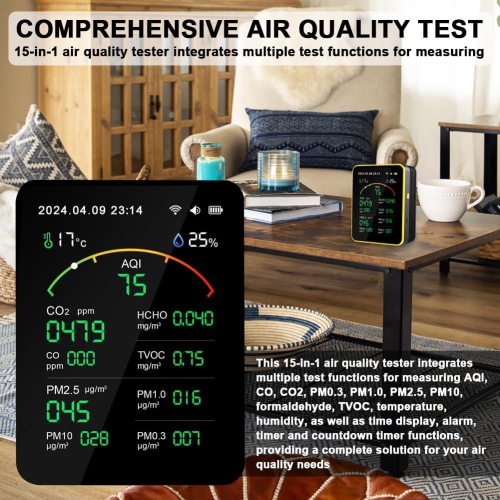 15 in 1 Air Quality Tester - Detect CO, CO2, PM, Formaldehyde, Temperature and Humidity, etc., 2.8" TFT Color Display, App Control, Wi-Fi, Alarm