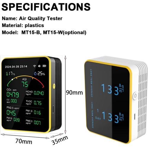 15 in 1 Air Quality Tester - Detect CO, CO2, PM, Formaldehyde, Temperature and Humidity, etc., 2.8" TFT Color Display, App Control, Wi-Fi, Alarm