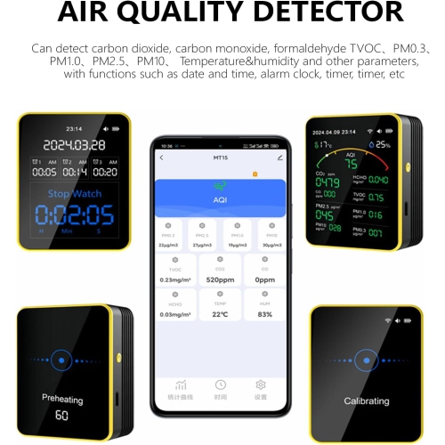 15 in 1 Air Quality Tester - Detect CO, CO2, PM, Formaldehyde, Temperature and Humidity, etc., 2.8" TFT Color Display, App Control, Wi-Fi, Alarm
