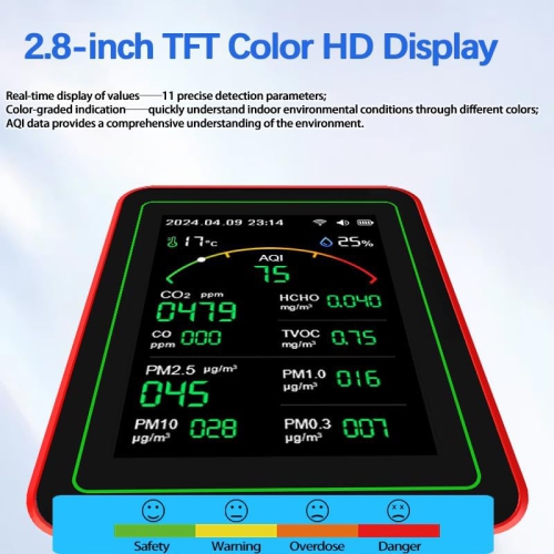 Air quality monitor-10 tests|Built-in multiple high-precision sensors|2.8' ultra-clear color screen|Wi-Fi smart connection|Ultra-long battery life
