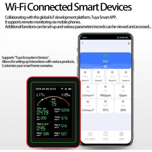 Air quality monitor-10 tests|Built-in multiple high-precision sensors|2.8' ultra-clear color screen|Wi-Fi smart connection|Ultra-long battery life