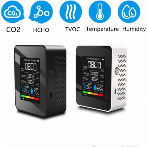 Smart Home 5-in-1 Air Quality Monitor - Detects formaldehyde, carbon dioxide, TVOC, temperature, humidity, color TFT LCD screen, USB charging, indoor