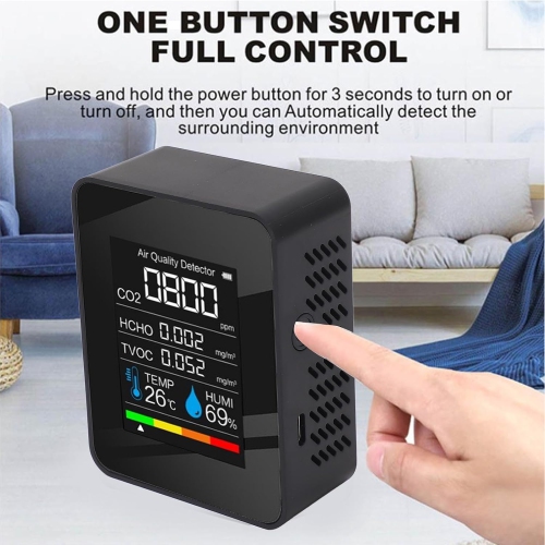 Smart Home 5-in-1 Air Quality Monitor - Detects formaldehyde, carbon dioxide, TVOC, temperature, humidity, color TFT LCD screen, USB charging, indoor