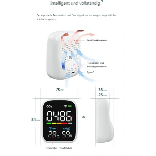 Moniteur de qualité de l'air&nbsp;: surveille CO₂, température, humidité, affichage LED, étalonnage automatique, Connexion Wi-Fi, chargement de type