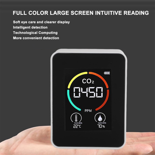 2.8" Large Mirror Screen Portable Air Quality Monitor - Detects CO2, Temperature & Humidity, Rechargeable 1200mAh Battery, Ideal for Home, Office,