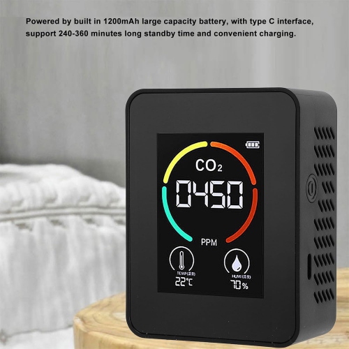 Moniteur portatif de qualité de l'air – grand écran miroir de 2,8 po, détecte le CO2, la température et l'humidité, pile 1200 mAh