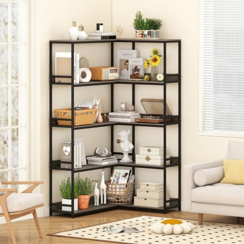 5-Tier Corner Bookshelf, L-Shaped Bookcase with Metal Frame for Home or Office