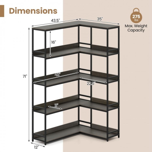 5-Tier Corner Bookshelf, L-Shaped Bookcase with Metal Frame for Home or Office