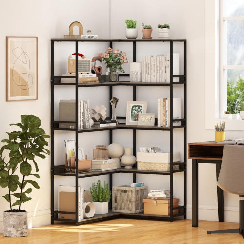 5-Tier Corner Bookshelf, L-Shaped Bookcase with Metal Frame for Home or Office