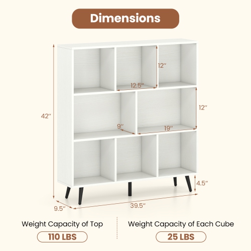 8-Cube Bookcase with 5 Tapered Metal Legs for Living Room or Office