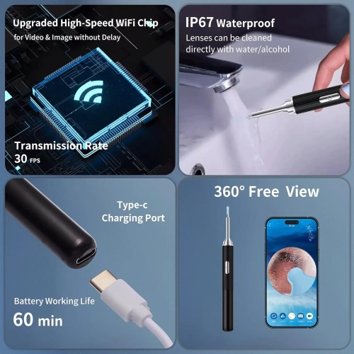 Visual ear pick, visual ear cleaning pixel ear pick, ear canal cleaning, earwax removal, earwax removal tool, earwax cleaner with camera - white