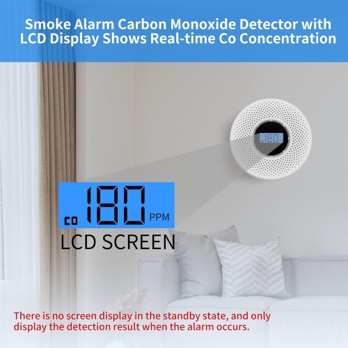 Smoke Detector Carbon Monoxide Detector Combo with Digital Display and Sound Light Alarm, 2-in-1 Smoke & CO Alarm with Battery Operated for Home,