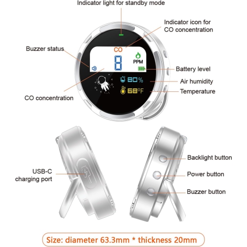 Travel Carbon Monoxide Detector, IP67 Waterproof CO Detector, High Precision 3 in 1 Carbon Monoxide Alarm, for Indoor, Outdoor, RV Travel, and