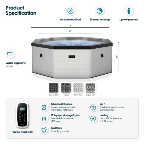 Como | Upto 6-Person Eco Foam Hot Tub | Octagon | Built-In Integrated Heater | Flint Gray
