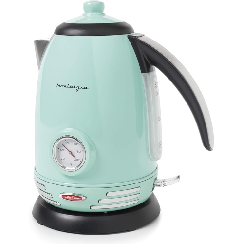 Nostalgia Retro Stainless Steel Electric Tea And Water Kettle, 1.7 Liters, Auto-Shut Off & Boil-Dry Protection, Water Level Indicator Window, Aqua