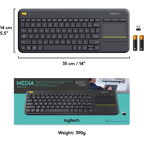 Logitech K400 Plus Wireless Touch TV Keyboard With Easy Media Control and Built-in Touchpad, HTPC Keyboard for PC-connected TV, Windows, Android,