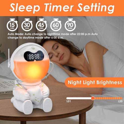 Astronaut Kids Sunrise Alarm Clock, 7 Dimmable Light Wake Clock for Teens, White Noise Bluetooth Speaker with 9 Soothing Sounds, Best Modern Alarm