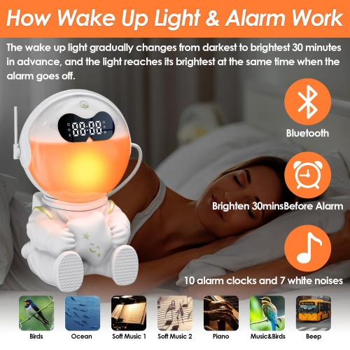 Astronaut Kids Sunrise Alarm Clock, 7 Dimmable Light Wake Clock for Teens, White Noise Bluetooth Speaker with 9 Soothing Sounds, Best Modern Alarm