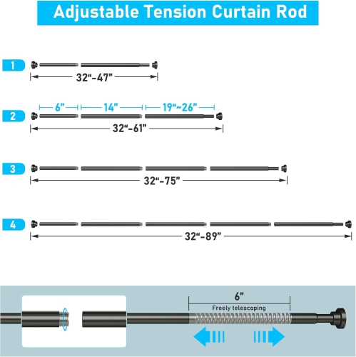 Tringle de douche robuste à tension de 1&nbsp;po de diamètre, tringles de rideau de douche réglables à 32 61&nbsp;po, antidérapantes, antirouille,