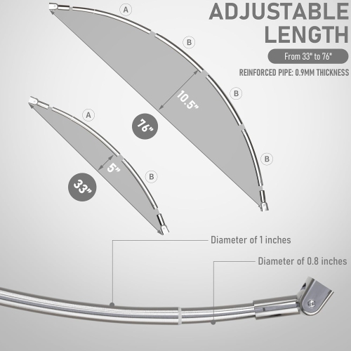 Tringle de rideau de douche incurvée 33-76&nbsp;pouces tringle de douche incurvée réglable, acier inoxydable, besoin de percer