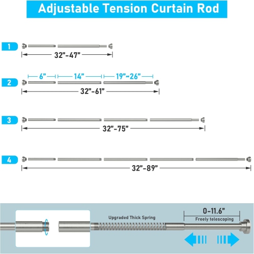 Tringle de douche robuste à tension de 1&nbsp;po de diamètre, tringles de rideau de douche réglables à 32 75&nbsp;po, antidérapantes, antirouille,