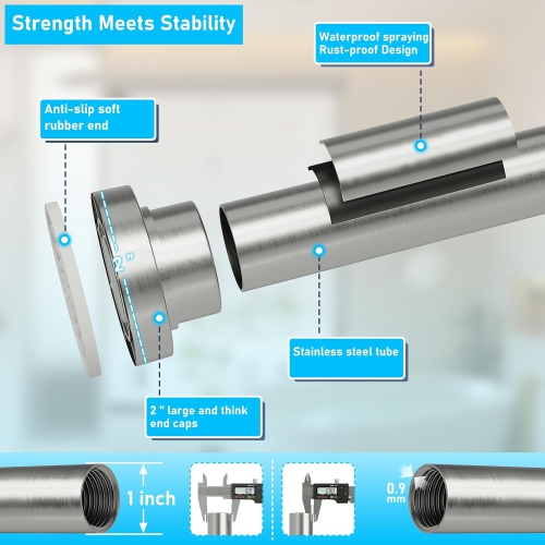 Tringle de douche robuste à tension de 1&nbsp;po de diamètre, tringles de rideau de douche réglables à 32 75&nbsp;po, antidérapantes, antirouille,