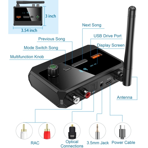 Récepteur Bluetooth 5,3, écran numérique intelligent Adaptateur coaxial à fibre optique prenant en charge deux canaux, fibre optique et sortie