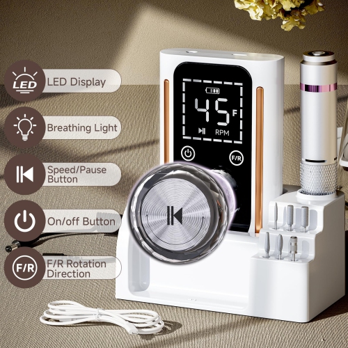 Portable Electric Nail File Set, 45,000 RPM Professional Cordless Nail Drill with Drill Bit and Base for Crystal Gel Nails, Nail Polishing