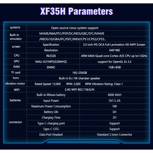 Latest XF35H game console, 3.5-inch IPS OCA screen, 4000 mAh battery, 3.5-inch PSP retro handheld game console, classic mini version, 128GB RK3326
