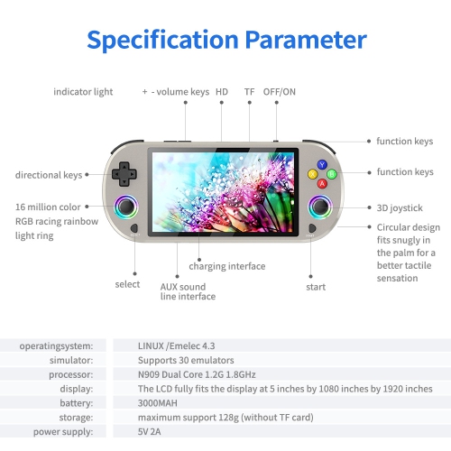 M22PRO handheld game console HD 5-inch PSP rainbow light effect handheld nostalgic PS1 home game console, 28000+ games - wireless handle + 128G white
