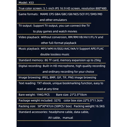 X53 handheld game console 5.1-inch HD large screen game console connected to TV retro nostalgic GBA arcade, music video watching video reading