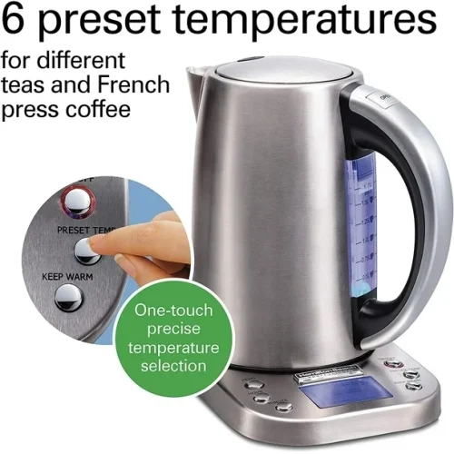 OPEN-BOX Hamilton-Beach 41028 Professional Electric Kettle with Digital Controls, 6 Preset Temperatures, LCD Screen, 1500 Watts Silver