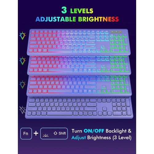Backlit 2.4G Wireless Keyboard Mouse Combo Rechargeable RGB Full Size Ergonomic Tilt Angle Keys - Mouse + Keyboard - White