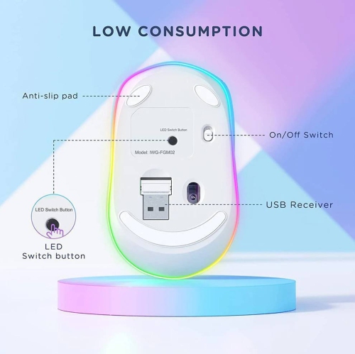 2.4G Wireless Rainbow Mouse 1600dpi Ergonomic RGB Rechargeable Computer Mouse Office Ultra-quiet Click LED Rainbow Light-Black