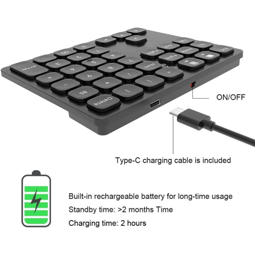 Rechargeable Dual Bluetooth Numeric Keypad Wireless Number Pad 36 Key External Data Entry Keyboard - Black
