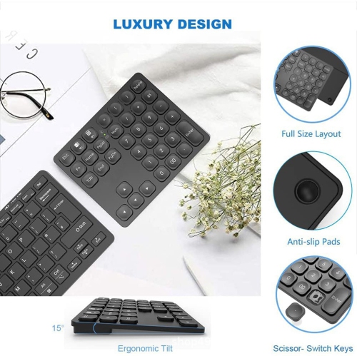 Rechargeable Dual Bluetooth Numeric Keypad Wireless Number Pad 36 Key External Data Entry Keyboard - Black