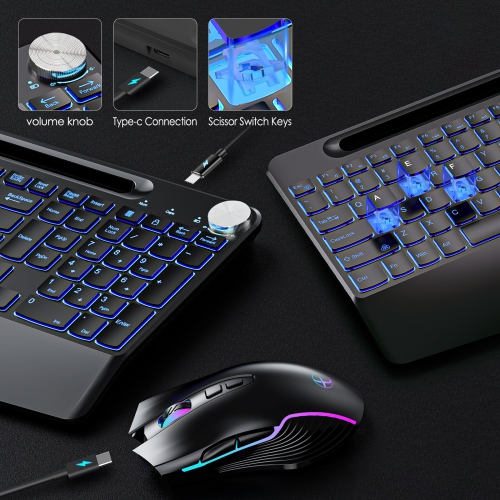 Clavier et souris sans fil à rétroéclairage RVB 2,4 GHz avec jeu de souris Silent Mouse anti-tremblement Fonction anti-arrêt écran - Ensemble clavier