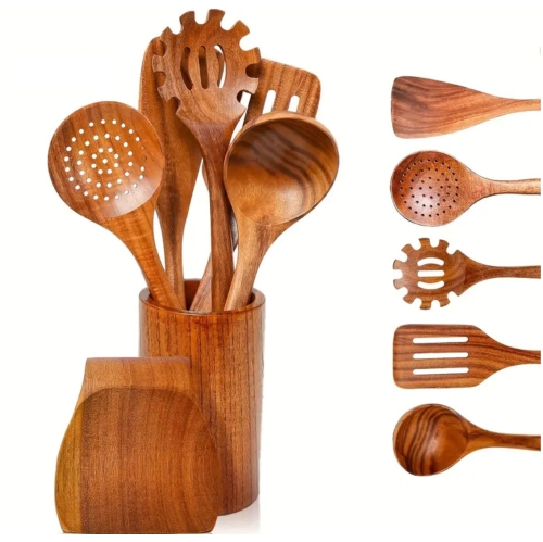 BOLDDECO  Luxury 7-Piece Acacia Wooden Kitchen Utensil Set – Handcrafted Cooking Spoons, Spatula, Spaghetti Spoon & Elegant Holder – Premium
