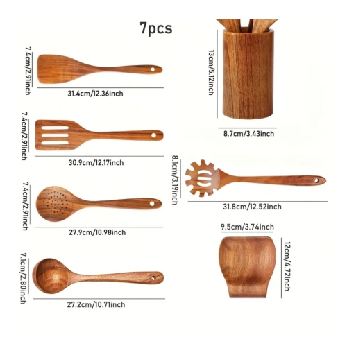 Luxury 7-Piece Acacia Wooden Kitchen Utensil Set – Handcrafted Cooking Spoons, Spatula, Spaghetti Spoon & Elegant Holder – Premium Heat-Resistant