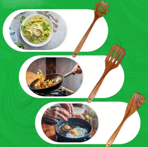 Luxury 7-Piece Acacia Wooden Kitchen Utensil Set – Handcrafted Cooking Spoons, Spatula, Spaghetti Spoon & Elegant Holder – Premium Heat-Resistant