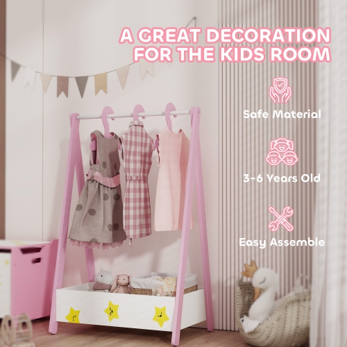 Support à vêtements pour enfants avec tablette de rangement de Qaba, porte-vêtements pour enfants à thème d'étoiles avec cintres, cintre à vêtements