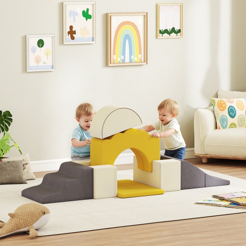 Qaba Baby Soft Play Set, 7-Piece Foam Climbing Blocks Set, Indoor Soft Play Gym Activity Play Set for Crawling, Sliding and Playing, Yellow