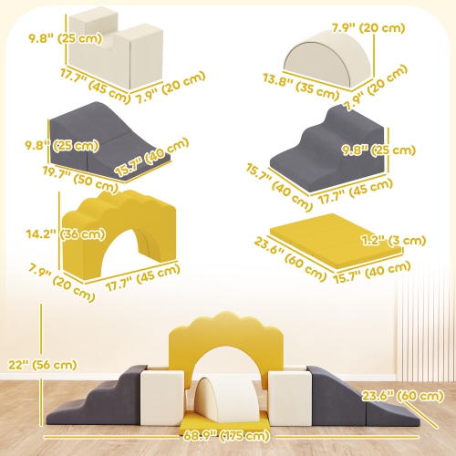 Qaba Baby Soft Play Set, 7-Piece Foam Climbing Blocks Set, Indoor Soft Play Gym Activity Play Set for Crawling, Sliding and Playing, Yellow