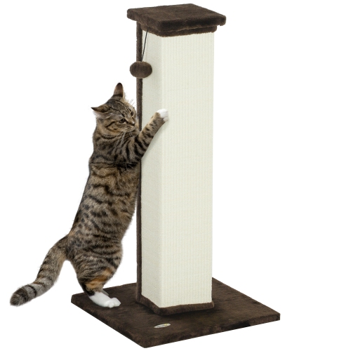 PawHut 32" Tall Cat Scratching Post for Indoor Cats and Kittens, Vertical Claw Scratcher, Sisal Cat Scratcher with Hanging Ball and Soft Plush, Brown