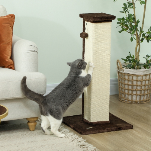 PawHut 32" Tall Cat Scratching Post for Indoor Cats and Kittens, Vertical Claw Scratcher, Sisal Cat Scratcher with Hanging Ball and Soft Plush, Brown