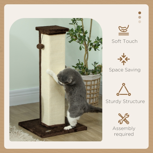 PawHut 32" Tall Cat Scratching Post for Indoor Cats and Kittens, Vertical Claw Scratcher, Sisal Cat Scratcher with Hanging Ball and Soft Plush, Brown