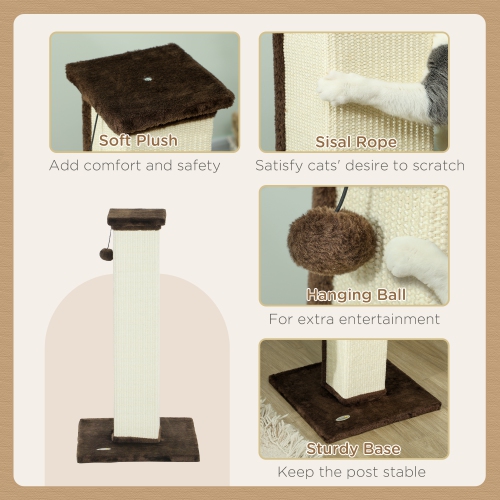 PawHut 32" Tall Cat Scratching Post for Indoor Cats and Kittens, Vertical Claw Scratcher, Sisal Cat Scratcher with Hanging Ball and Soft Plush, Brown