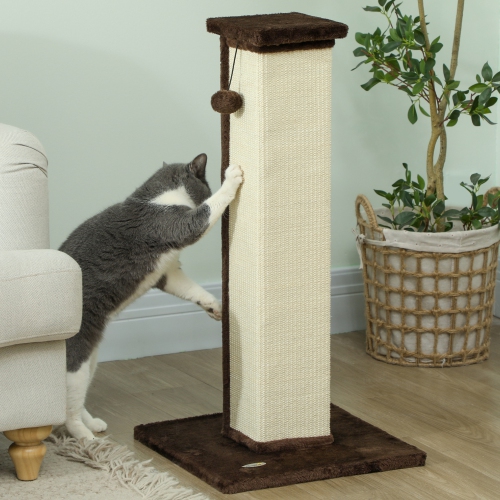 PawHut 32" Tall Cat Scratching Post for Indoor Cats and Kittens, Vertical Claw Scratcher, Sisal Cat Scratcher with Hanging Ball and Soft Plush, Brown